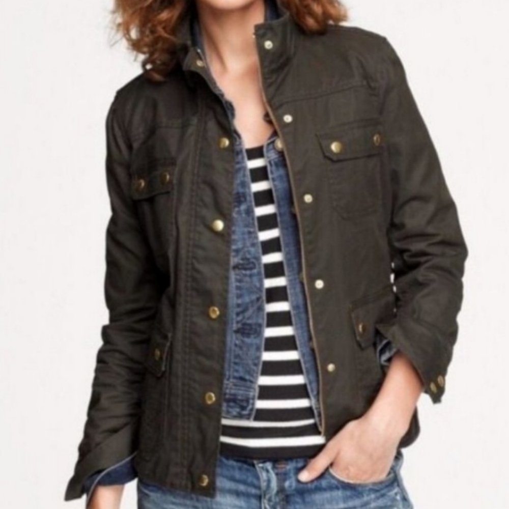 J.CREW Olive Green Resin Coated Military Field Utility Jacket Women's Size XS